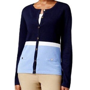Karen Scott Petite Womens Striped Intrepid Blue Cardigan
